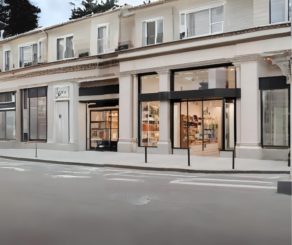 Vue de rue avec vitrines de magasin 