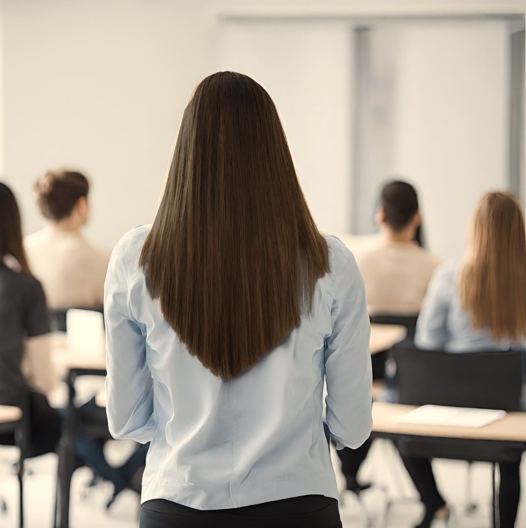 Femme vue de dos face à une classe