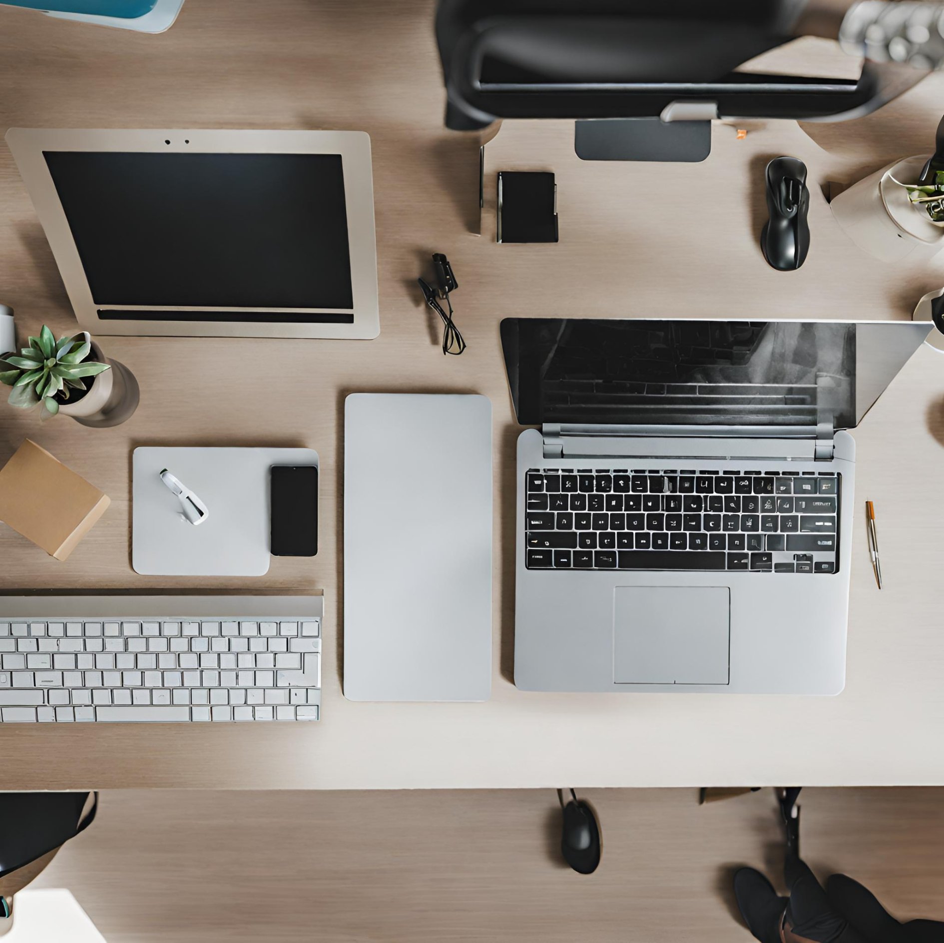 Vue de bureau de dessus avec ordinateur et carnet