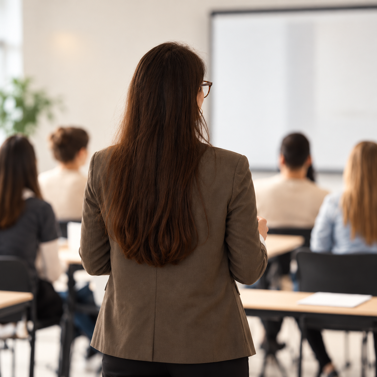 Femme vue de dos face à une classe par Emilie Miquelestorena consultant merchandising Another retail