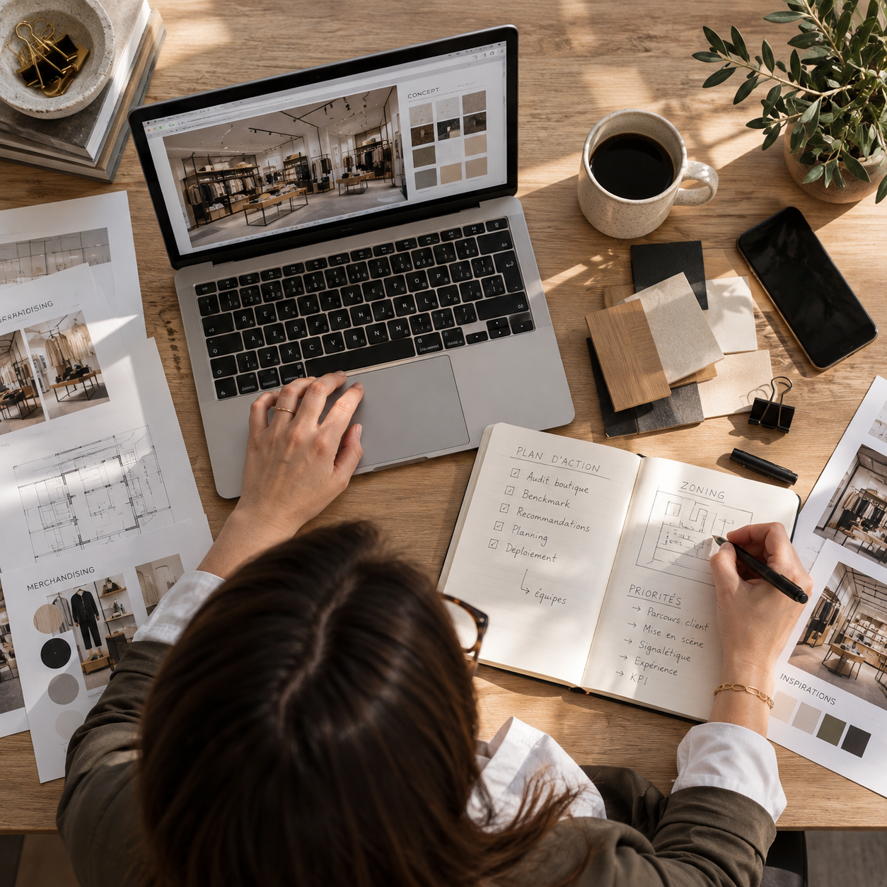Vue de bureau de dessus avec ordinateur et carnet par Emilie Miquelestorena consultant merchandising Another retail